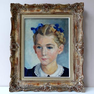 Fine Vintage Portrait of a Girl Original Painting by Denise de Wilde 1950s Belgian Art, Framed and Ready to Hang