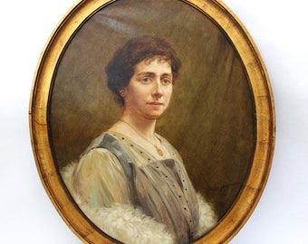 Antiek portret van een dame door Jacques Madyol gedateerd 1918 in een ovaal verguld houten frame, echte vintage beeldende kunst