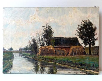 Antique River Landscape Oil Painting: Flemish Farmhouse Art, circa 1900