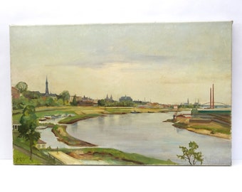 Paysage fluvial paisible Huile sur toile Art moderne original hollandais par Herman Romijn vers 1950, non encadré