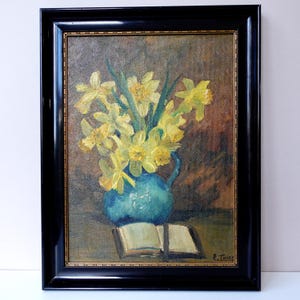 Vintage Floral Still Life with Daffodils Oil on Hardboard Circa 1950s Mid Century Original Art, Signed, Framed and Ready to Hang