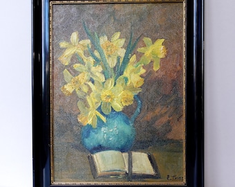 Vintage Blumen Stillleben Ölgemälde: Strauß Narzissen, 1930er Jahre Blumenkunst, gerahmt