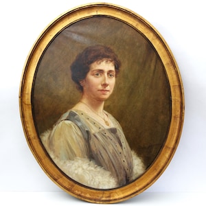 Antique Portrait Painting: Lady, Oil on Canvas by Jacques Madyol, 1918