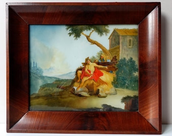 Victorian Reverse Glass Painting: Biblical Scene, Mahogany Frame