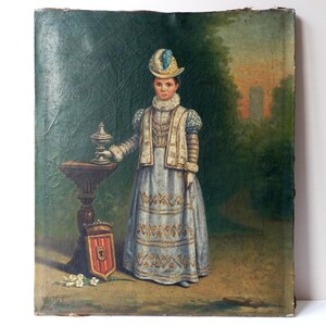 Curious Antique Portrait of a Costumed Person, 19th Century Original Oil on Canvas, Unsigned, Unframed