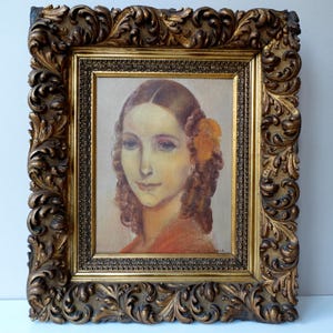 Antique Woman Oil Painting Vintage Art Deco Art Original Painting Portrait Painting of Young Lady by Van Belle Belgian Art in Ornate Frame