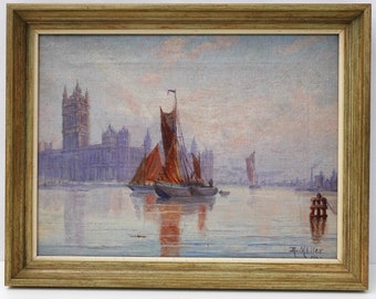 Antique marine painting View of the Thames in London Oil on canvas by Thorvald Möller 1920, framed