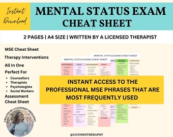 May include: A yellow and blue graphic with the text "Mental Status Exam Cheat Sheet" and "Instant Access to the Professional MSE Phrases That Are Most Frequently Used". The graphic also includes a table with headings such as "Appearance", "Face", "Engagement", "Body", "Affect", "Thought Process", and "Cognition".