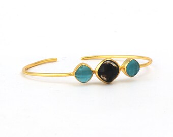 Golden Smoky Quartz & Aqua Chalcedony Cuff Bracelet Bangle - Exquisite Gemstone Jewelry