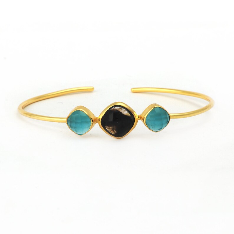 Golden Smoky Quartz & Aqua Chalcedony Cuff Bracelet Bangle Exquisite Gemstone Jewelry image 2