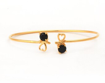 Gold Plated Round Black Onyx Adjustable Cuff Bracelet - Exquisite Gemstone Jewelry