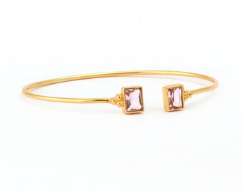 Handcrafted Gold Plated Adjustable Cuff Bangle with Pink Amethyst - Exquisite Gemstone Jewelry