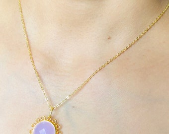 Gold Plated Pink Chalcedony Sunrise Pendant with Link Chain - Exquisite Gemstone Jewelry