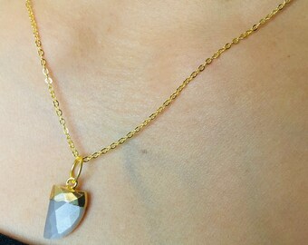 Gold Plated Tiger Nail Moonstone Pendant with Link Chain - Exquisite Gemstone Jewelry