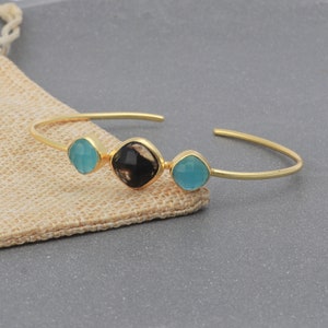 Golden Smoky Quartz & Aqua Chalcedony Cuff Bracelet Bangle Exquisite Gemstone Jewelry image 3