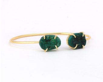 18k Gold Plated Adjustable Cuff Bracelet with Raw Emerald Gemstone - Exquisite Gemstone Jewelry