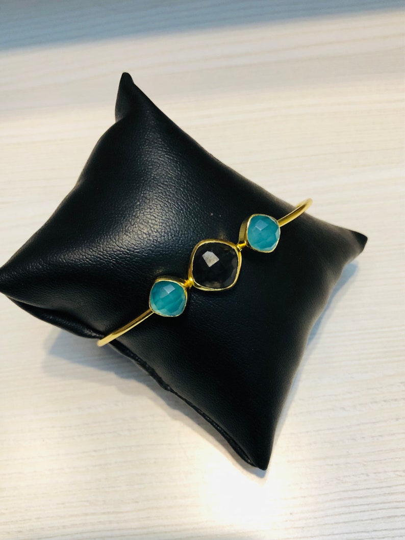Golden Smoky Quartz & Aqua Chalcedony Cuff Bracelet Bangle Exquisite Gemstone Jewelry image 4