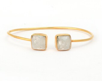 18k Gold Plated Adjustable Cuff Bracelet with Cushion Shape Rainbow Moonstone - Exquisite Gemstone Jewelry