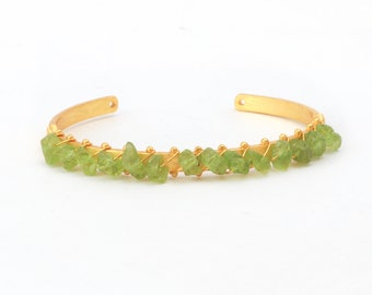 18k Gold Plated Adjustable Cuff Bracelet with Raw Peridots - Exquisite Gemstone Jewelry