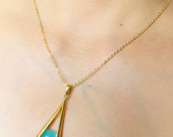Gold Aqua Chalcedony Tongs Pendant with Link Chain - Exquisite Gemstone Jewelry