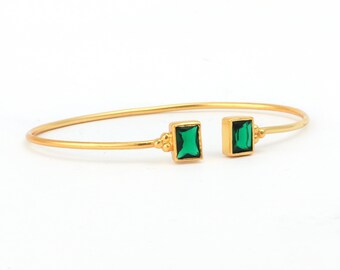 Gold Plated Adjustable Cuff Bangle with Emerald Quartz - Exquisite Gemstone Jewelry