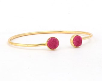 Radiant Bliss: 18k Gold Plated Round Pink Druzy Adjustable Cuff Bracelet - Exquisite Gemstone Jewelry