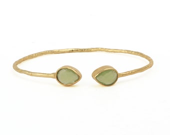 Handcrafted 18k Gold Plated Adjustable Cuff Bracelet with Pear Shaped Prehnite - Exquisite Gemstone Jewelry