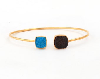 18k Gold Plated Cuff Bracelet with Brown & Sky Blue Agate Druzy - Exquisite Gemstone Jewelry