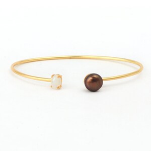 Pearlescent Radiance: Gold Plated Brown Pearl & Rainbow Moonstone Handmade Cuff Bangle Exquisite Gemstone Jewelry image 1