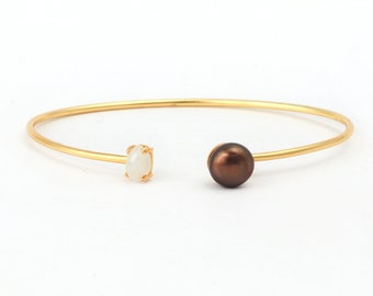 Pearlescent Radiance: Gold Plated Brown Pearl & Rainbow Moonstone Handmade Cuff Bangle - Exquisite Gemstone Jewelry