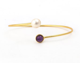 Handcrafted 18k Gold Plated Pearl and Amethyst Cuff Bracelet - Exquisite Gemstone Jewelry