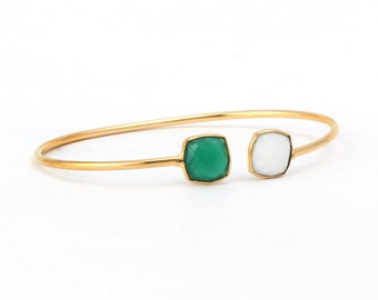 Gold Plated Green Onyx & White Moonstone Adjustable Cuff Bangle - Exquisite Gemstone Jewelry