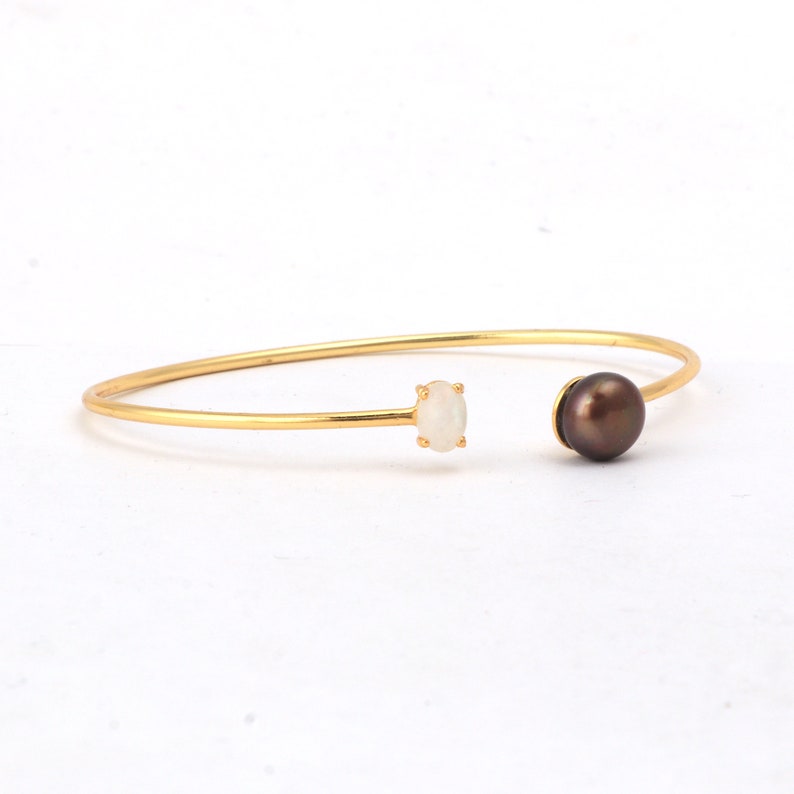 Pearlescent Radiance: Gold Plated Brown Pearl & Rainbow Moonstone Handmade Cuff Bangle Exquisite Gemstone Jewelry image 2