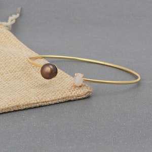 Pearlescent Radiance: Gold Plated Brown Pearl & Rainbow Moonstone Handmade Cuff Bangle Exquisite Gemstone Jewelry image 3