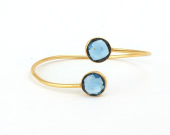 Handcrafted Gold Plated Adjustable Cuff Bangle with Round Blue Topaz - Exquisite Gemstone Jewelry