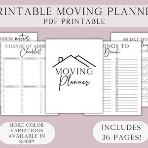 May include: Printable moving planner with checklists and notes pages. Includes a "Change of Address Checklist," "Things to Donate" list, and a "60 Day Money Challenge." The planner has 36 pages and is available in more colour variations.