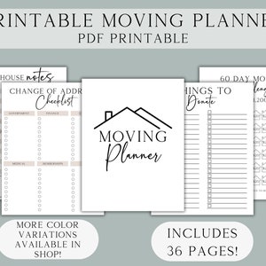 May include: A printable moving planner with various pages, including checklists, notes, and a 60-day money challenge. The design is minimalist with black text on a white background. The planner includes 36 pages and is available in more color variations.