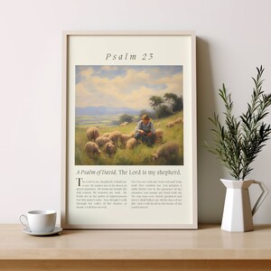 Psalm 23 Printable Wall Art, The Lord Is My Shepherd, Placid Version Vintage Bible Verse Wall Art Printable for Christian Home Decorations.