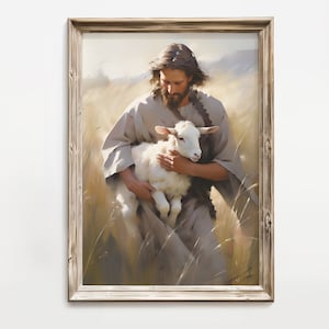 Jesus The Good Shepherd Portrait - The lost Sheep art print, Christian Printable Wall Art