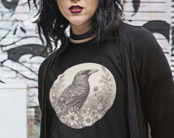 Black Raven Cotton T-Shirt, Crow Bird Art