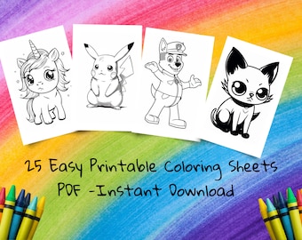 25 Kids Coloring Pages, Popular Characters (PDF Pattern)