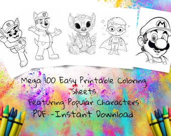 100 Kids Coloring Pages, Popular Characters, A4 Printable (PDF)