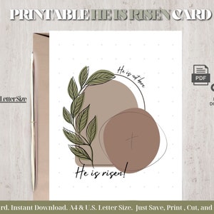 Carte imprimable Boho, il est ressuscité, voeux de Pâques, verset de la Bible chrétienne, Matthieu 28:6, téléchargement immédiat, PDF, format lettre, A4, 5 x 7