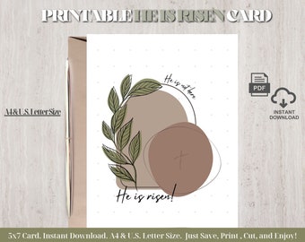 Afdrukbare kaart Boho He Is Risen: christelijke paasgroet (pdf) A4- en Letter-formaat