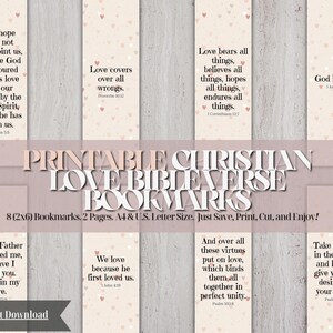 Conjunto de 8 marcadores de versículos bíblicos de amor cristão para impressão, estudo das escrituras, boho, download instantâneo, PDF, tamanho carta, A4, 2x6, dia dos namorados