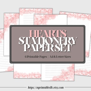 Juego de papel de papelería Pink Hearts de 6, imprimible, día de San Valentín, escritura de cartas elegante, artículo digital, descarga instantánea, paquete de papel, A4