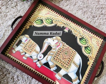 Indian gifts Acrylic Printed MDF Decorative Tray Pichwai Cow, Peacock, Elephant Tanjore style