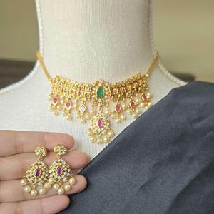 Matte Gold Kemp Ruby Choker Set with Studs, South Indian Minimalist Jewelry