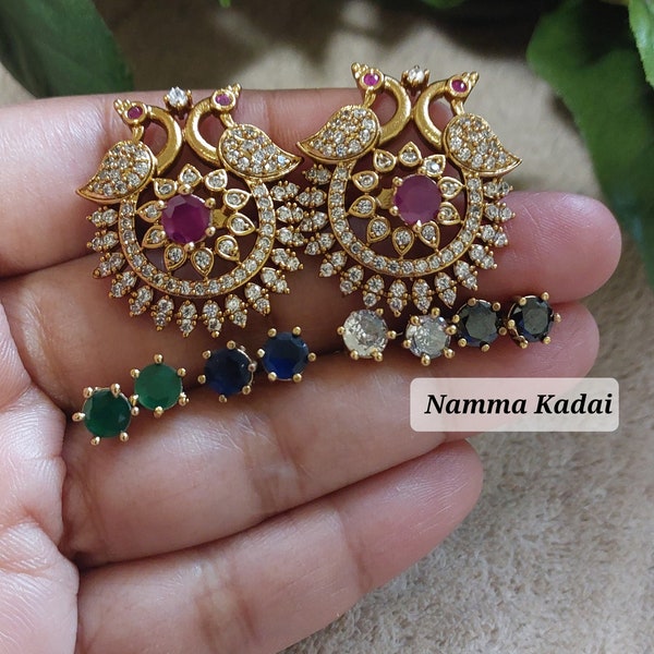 CZ INTERCHANGEABLE STUD Earrings Indian Wedding Baby Shower Gifts Ruby Emerald Sapphire Stones Peacock Gold finish