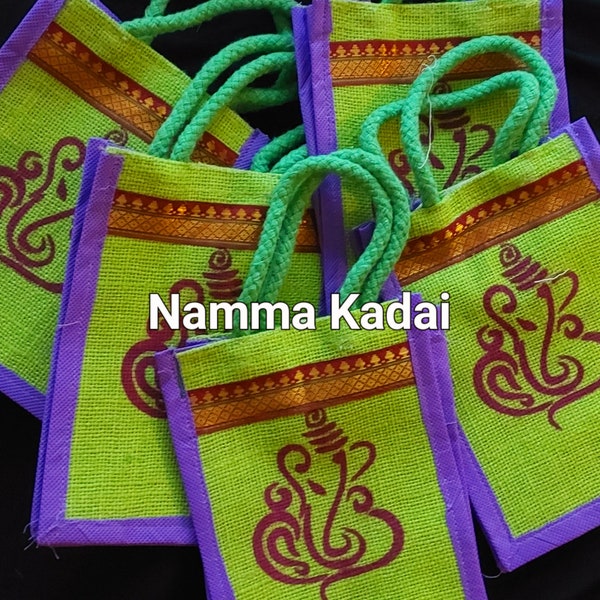 INDIAN JUTE BAGS Ganesha Printed Return gift bags Thamboolam bags Wedding bags House Warming bags return Navarathri gifts Potli Eco-friendly